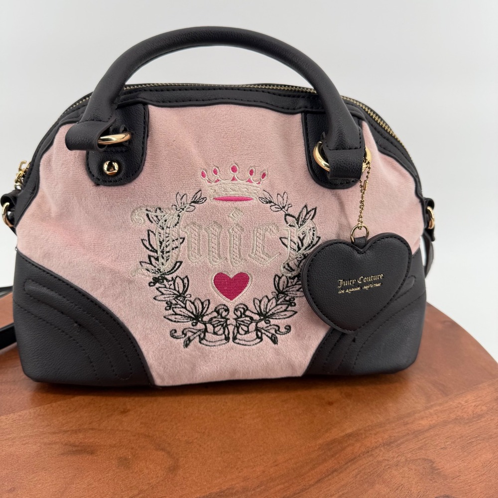 Juicy Couture Pink Velour Black Trim Satchel Crossbody Dome Satchell Bag